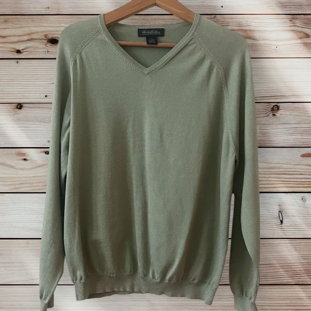 Brooks Brothers Italian Mercerized Cotton V Neck Pull On Green Sweater Mens Sz L